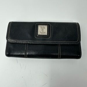 TIGNANELLO Black Pebbled Leather Trifold Wallet Organizer Clutch Floral Lining